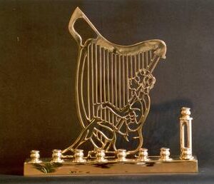 David's Harp Hanukkah Menorah, Polished Brass
