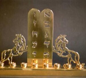 Lions and The 10 Commandments, Hanukkah Menorah polished Brass